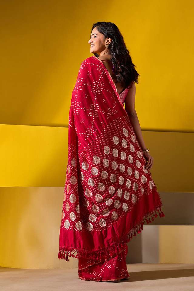 Red Silk Muga Tie and Dye Bandhni Saree thumbnail image number null