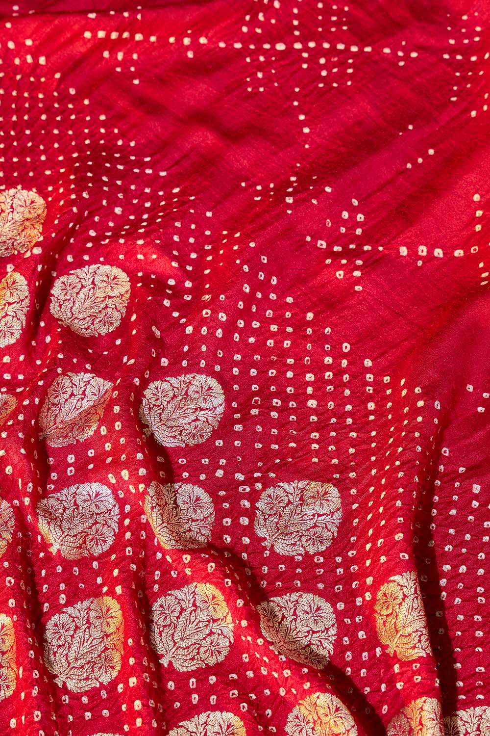 Red Silk Muga Tie and Dye Bandhni Saree image number null