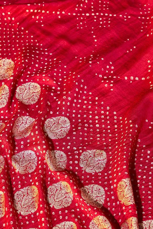 Red Silk Muga Tie and Dye Bandhni Saree thumbnail image number null