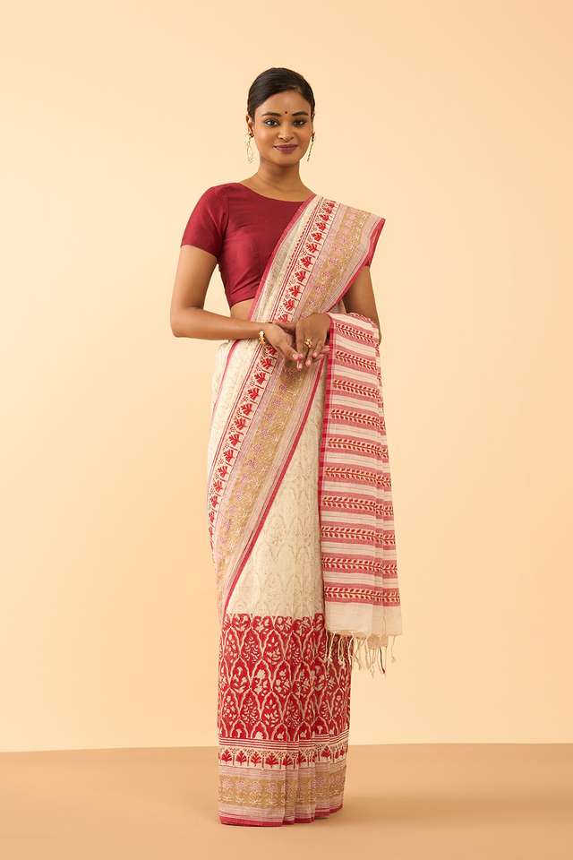 Off White Pure Cotton Block Printed Bengal Saree thumbnail image number null