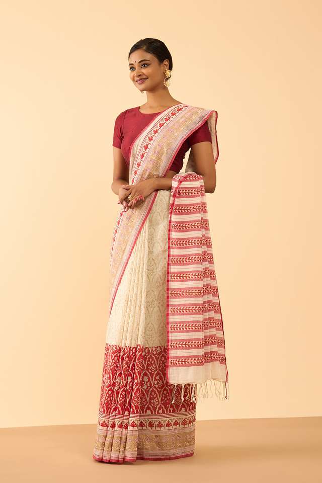Off White Pure Cotton Block Printed Bengal Saree thumbnail image number null