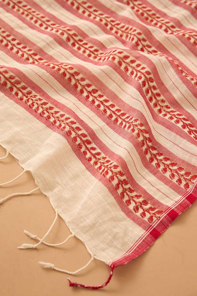 Off White Pure Cotton Block Printed Bengal Saree thumbnail image number null