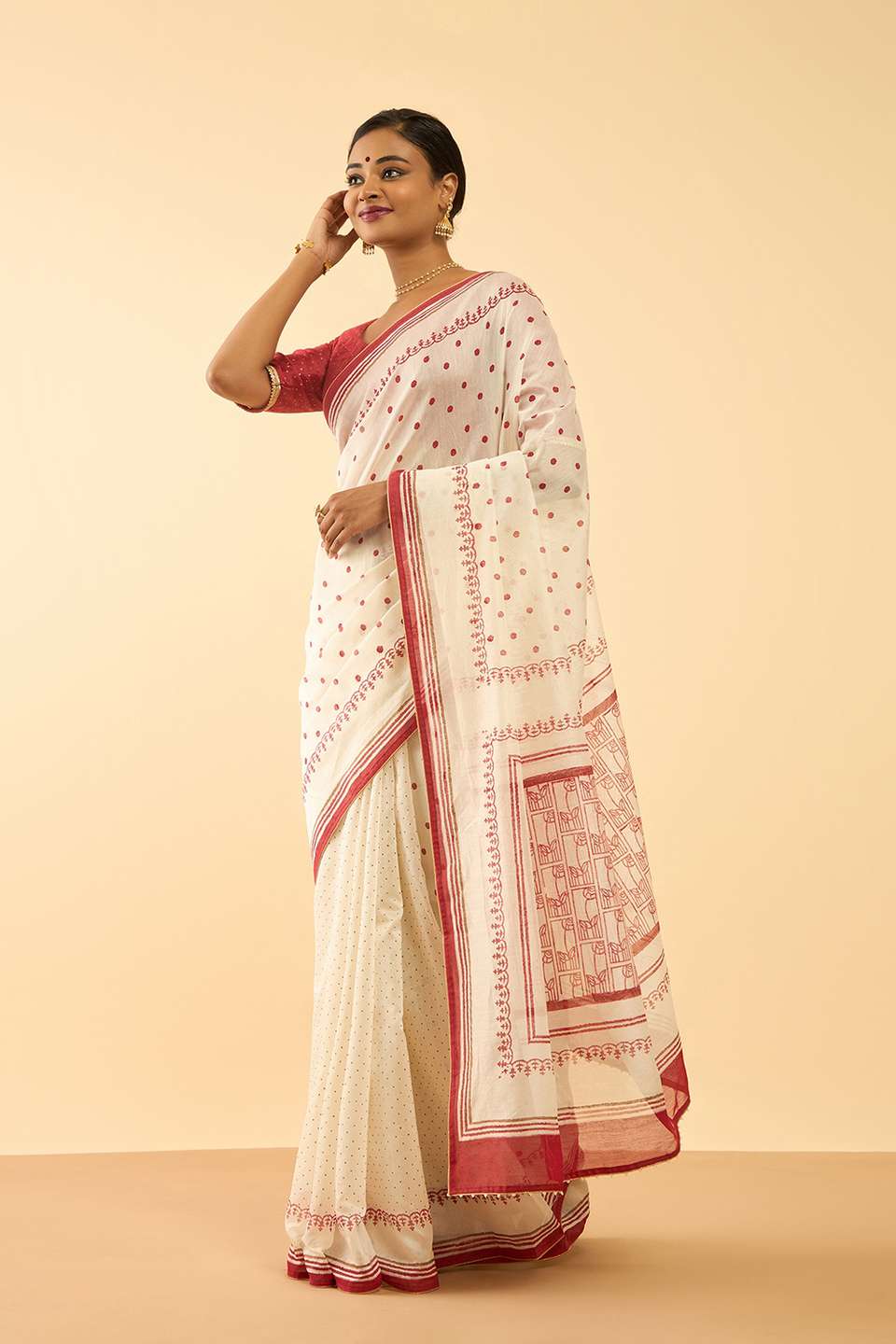 Off White Bengal Block Printed Pure Silk Cotton Saree