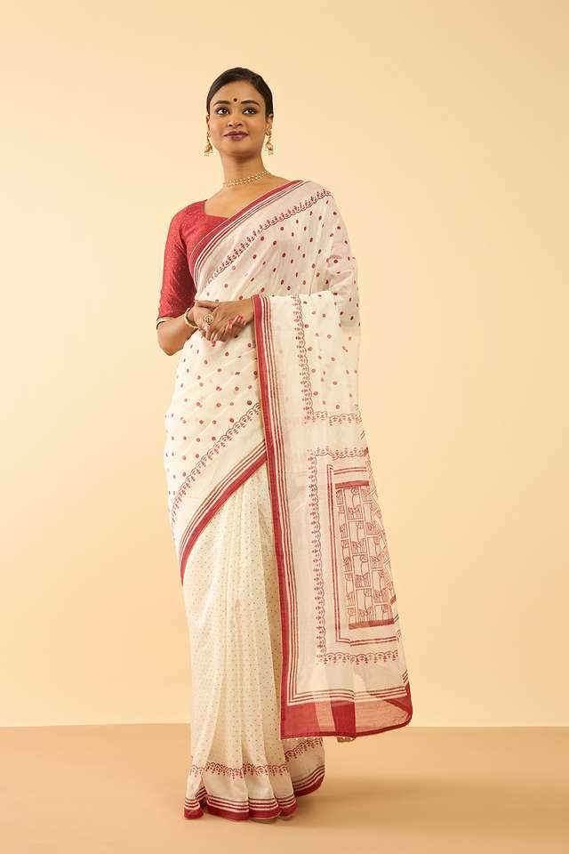 Off White Bengal Block Printed Pure Silk Cotton Saree thumbnail image number null