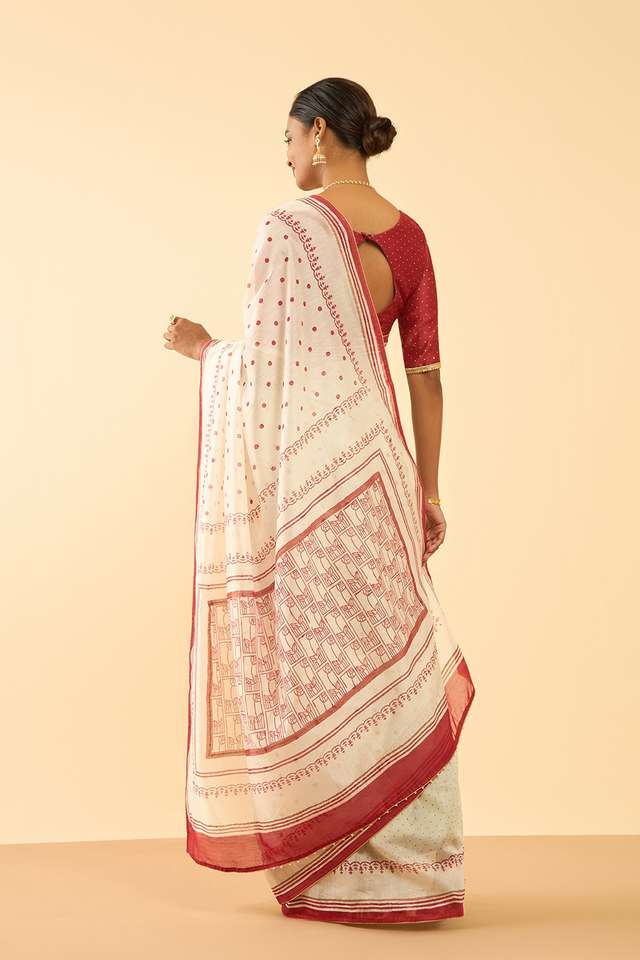 Off White Bengal Block Printed Pure Silk Cotton Saree thumbnail image number null