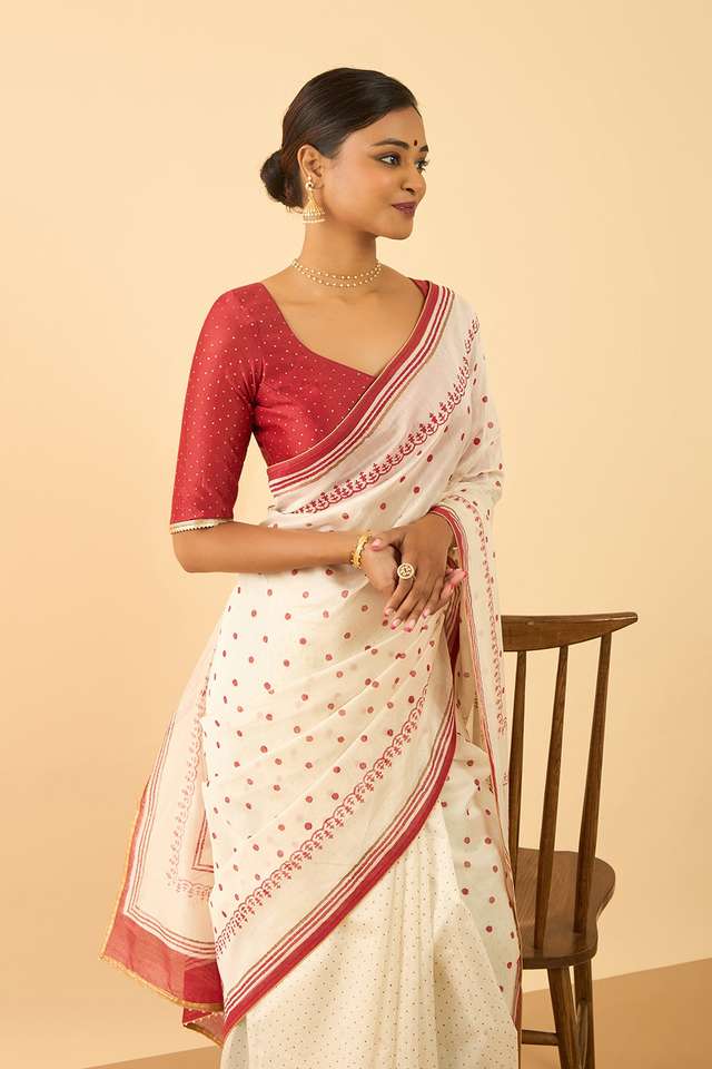 Off White Bengal Block Printed Pure Silk Cotton Saree thumbnail image number null