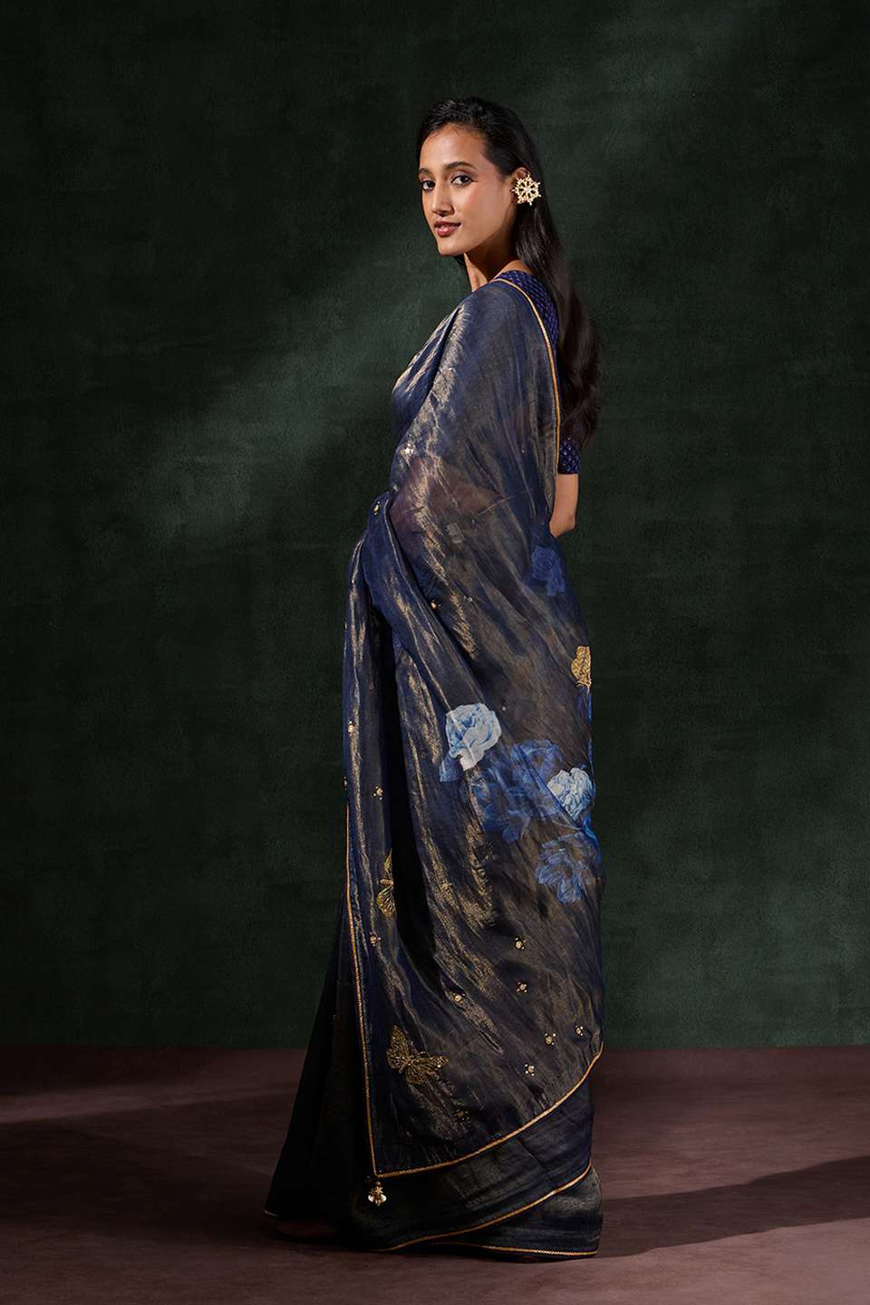 Dark Blue Pure Silk Tissue Embroidered Saree