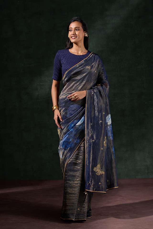 Dark Blue Pure Silk Tissue Embroidered Saree thumbnail image number null