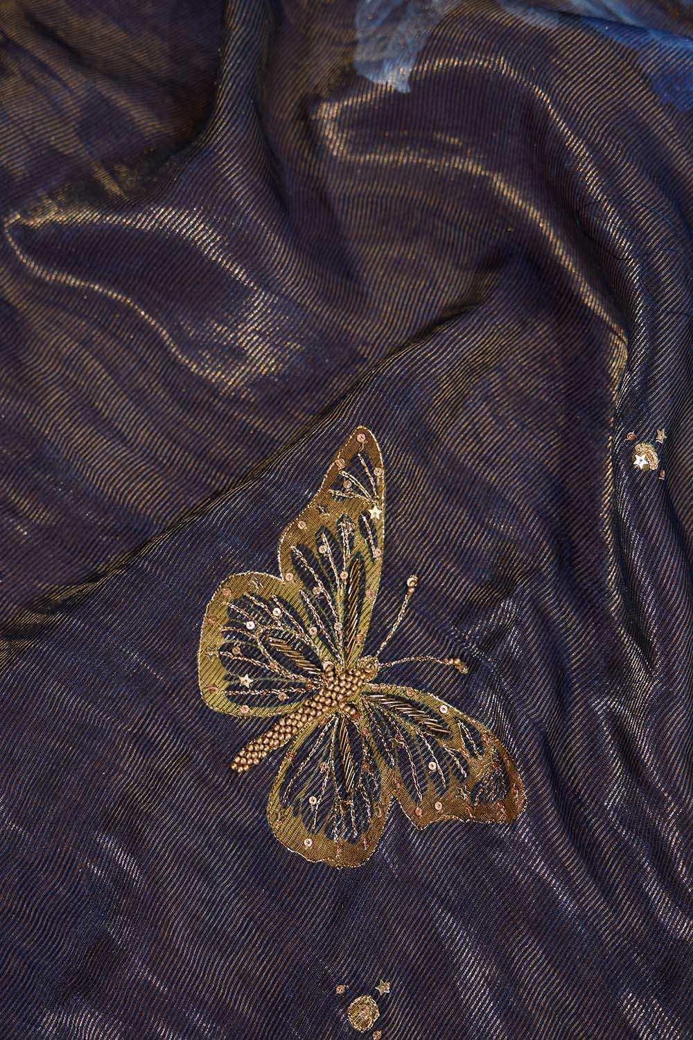 Dark Blue Pure Silk Tissue Embroidered Saree image number null
