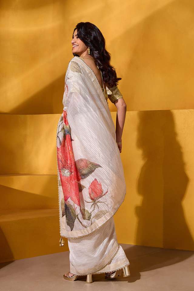 Off White Pure Cotton Tissue Embroidered Saree thumbnail image number null