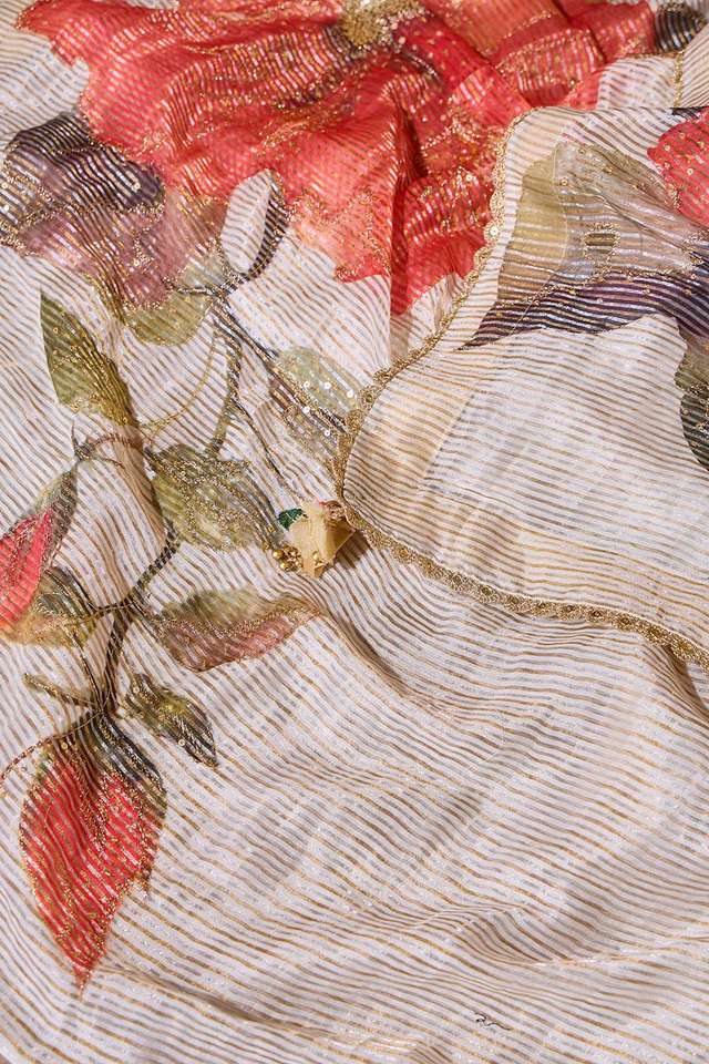Off White Pure Cotton Tissue Embroidered Saree thumbnail image number null