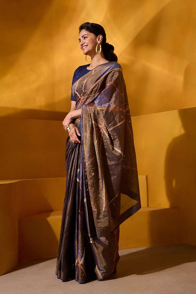 Brown Pure Tissue Cotton Embroidered Saree thumbnail image number null