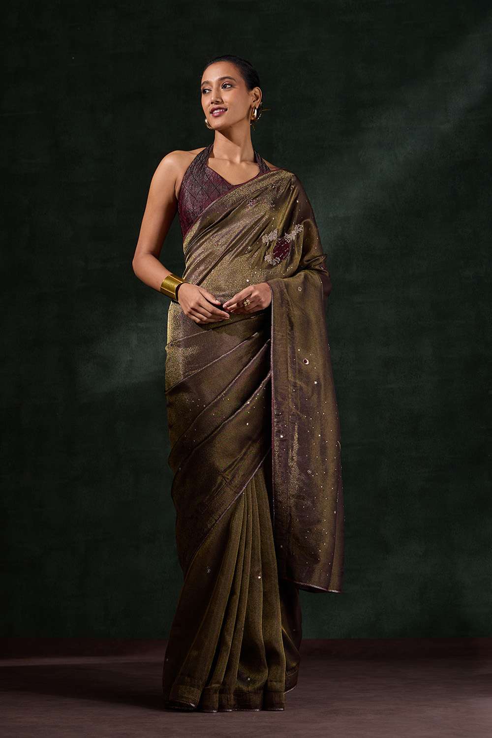 Brown Viscose Tissue Embroidered Saree image number null