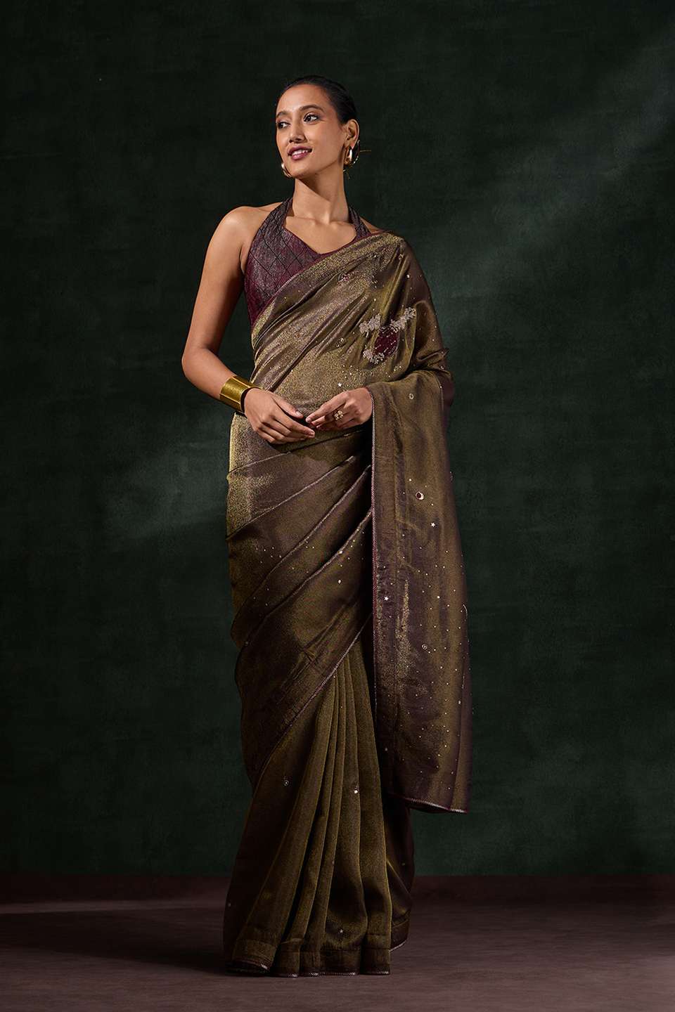 Brown Viscose Tissue Embroidered Saree