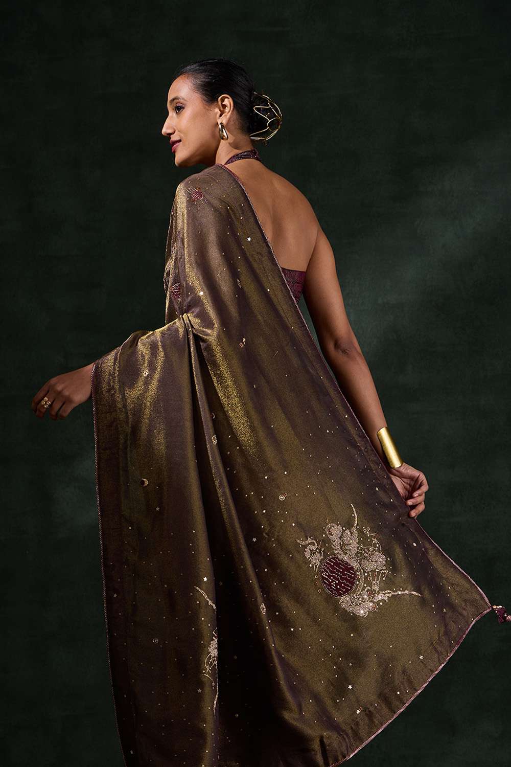 Brown Viscose Tissue Embroidered Saree image number null
