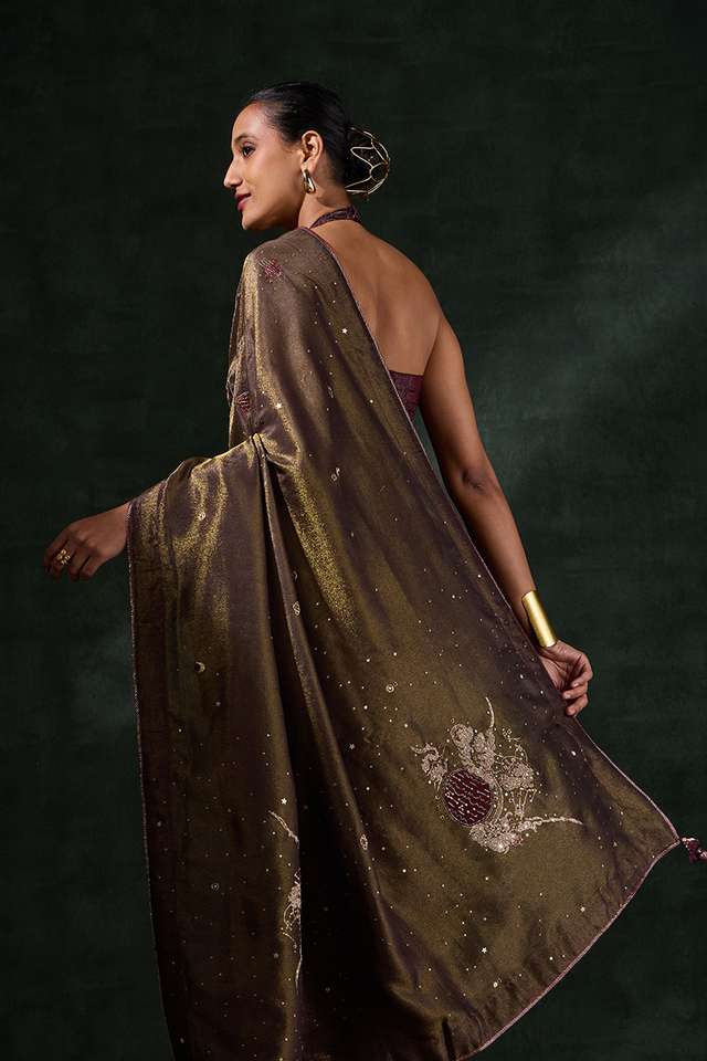 Brown Viscose Tissue Embroidered Saree thumbnail image number null
