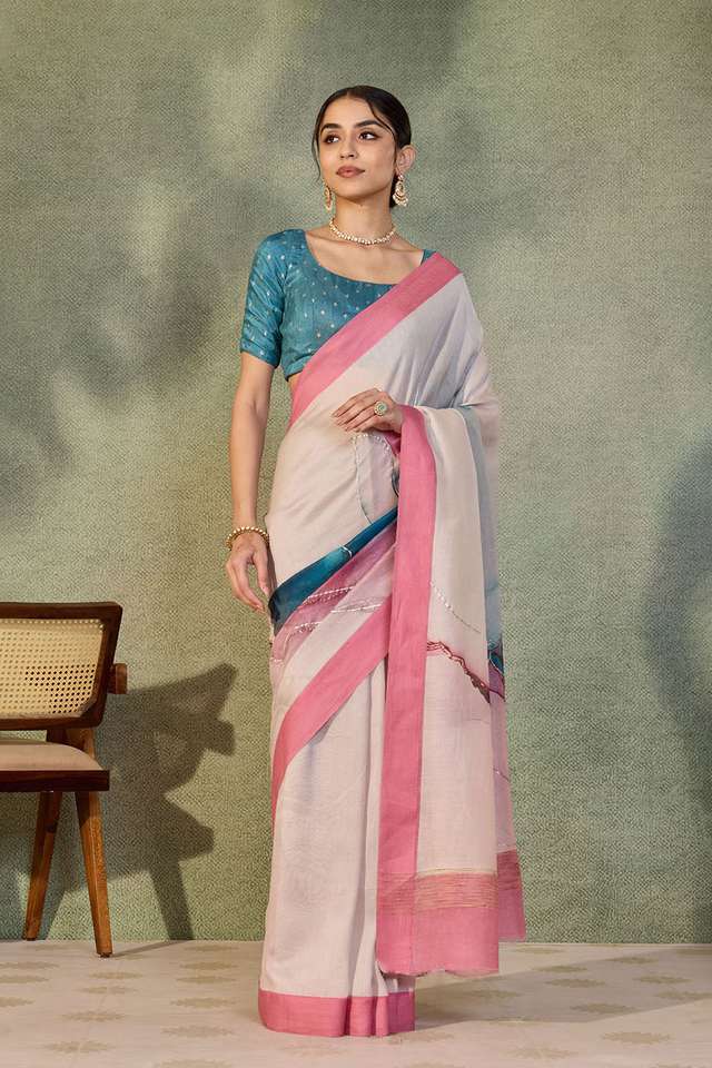 Light Pink Rajasthan Pure Silk Cotton Printed Saree thumbnail image number null