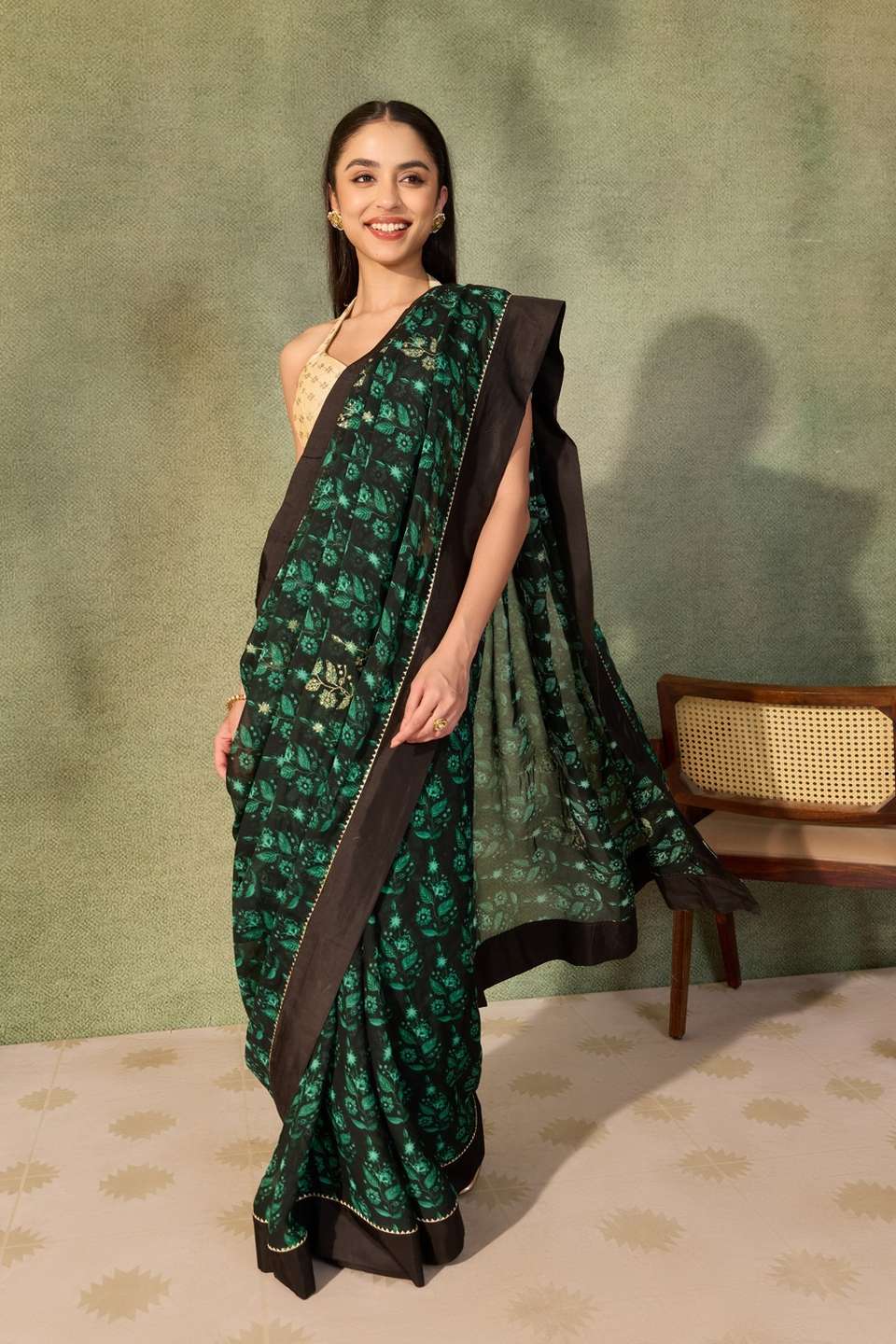 Dark Green  Printed Embroidered Viscose Organza Saree