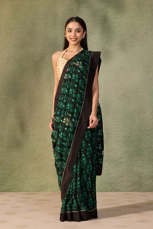 Dark Green  Printed Embroidered Viscose Organza Saree thumbnail image number null