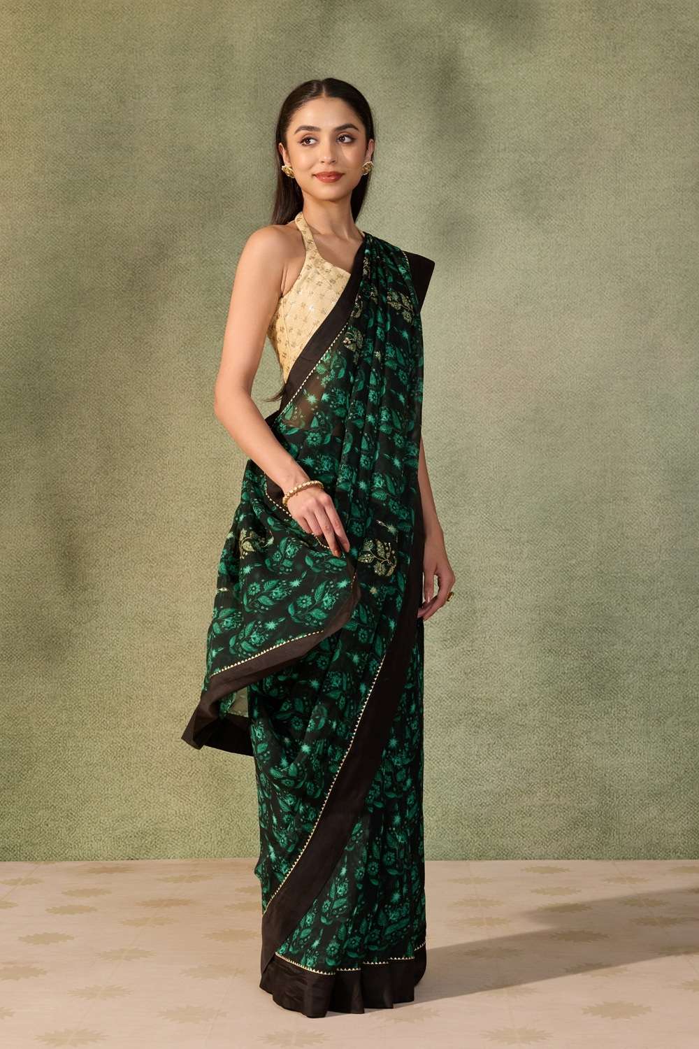 Dark Green  Printed Embroidered Viscose Organza Saree image number null