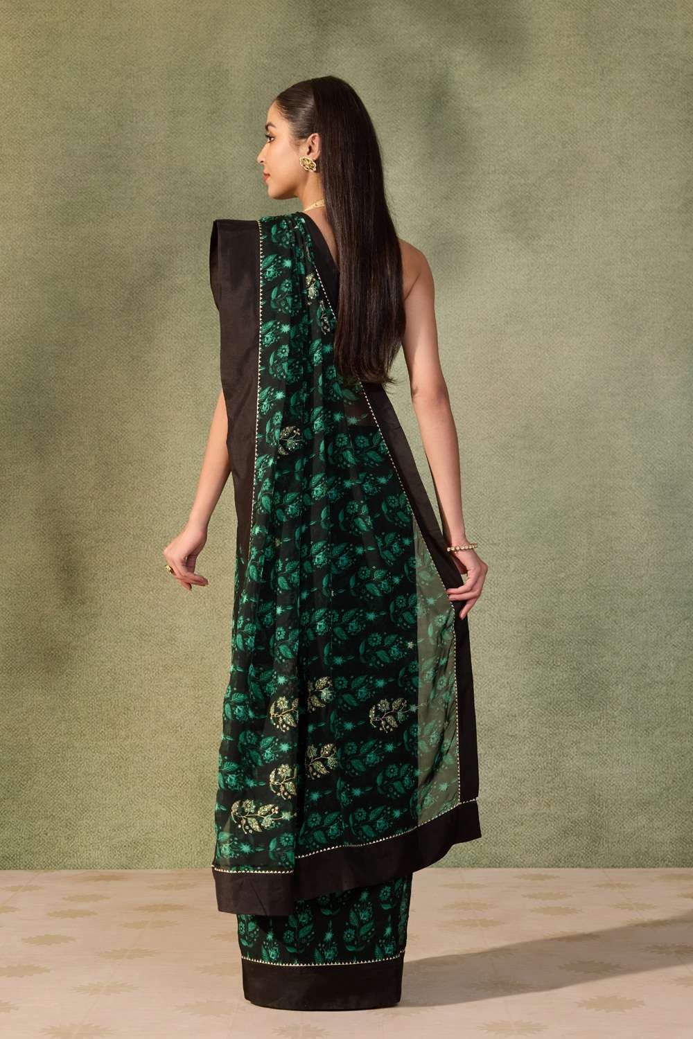 Dark Green  Printed Embroidered Viscose Organza Saree image number null