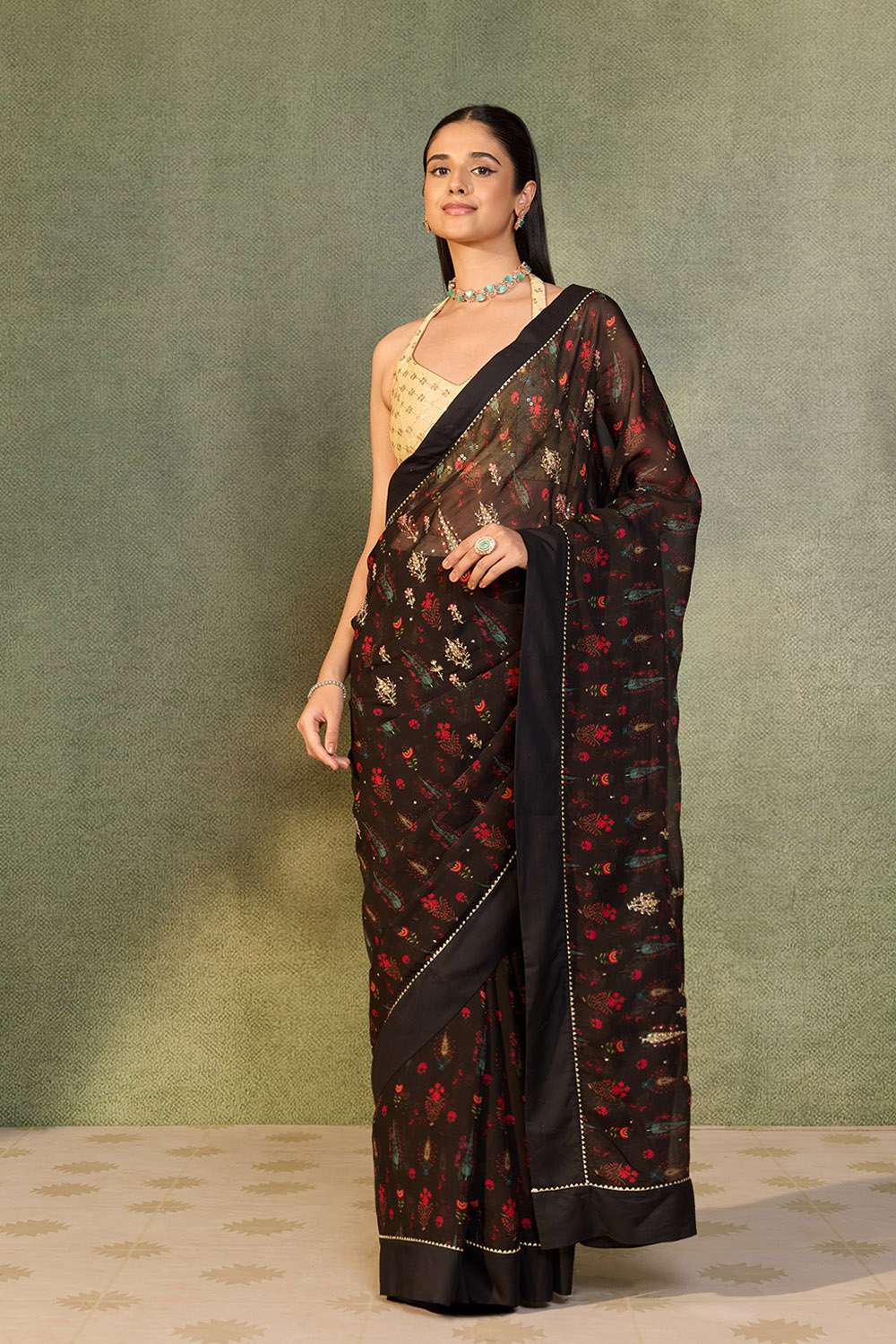 Black Printed Viscose Organza Saree image number null