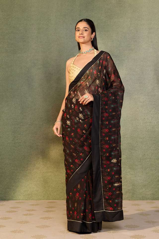 Black Printed Viscose Organza Saree image number