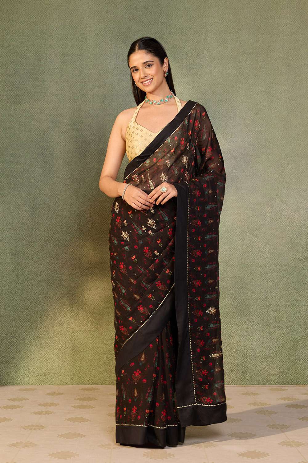 Black Printed Viscose Organza Saree image number null