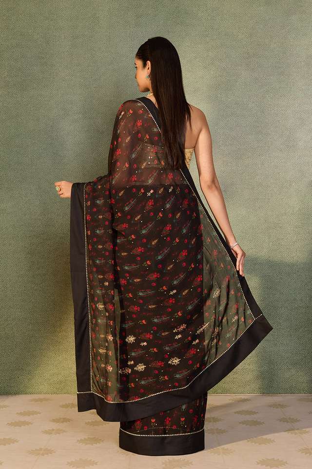 Black Printed Viscose Organza Saree thumbnail image number null