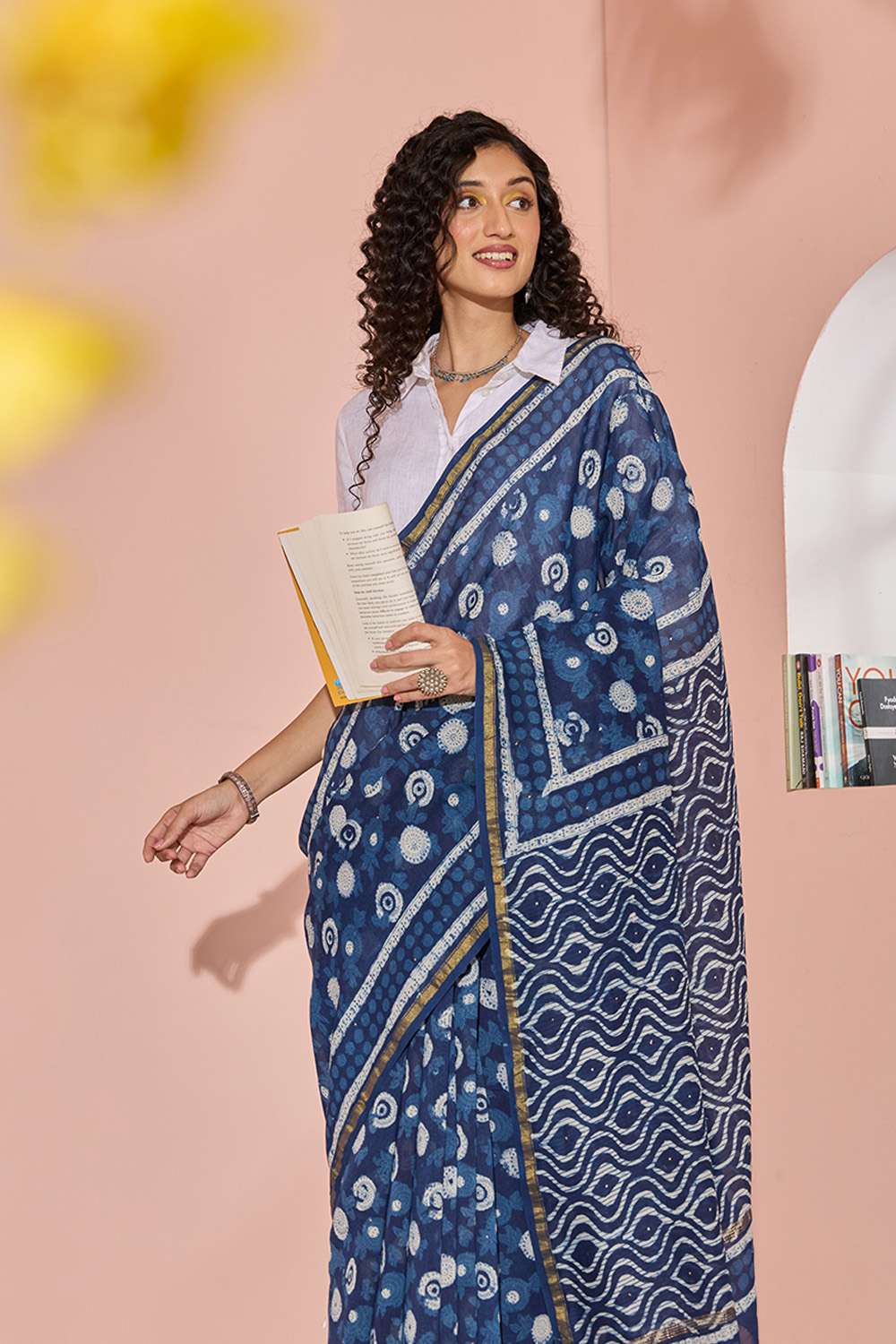 Blue Printed Mukaish Pure Silk Cotton Bagru Saree image number null