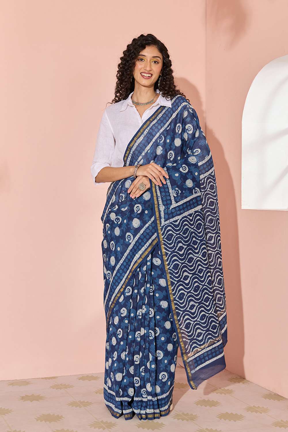 Blue Printed Mukaish Pure Silk Cotton Bagru Saree image number null