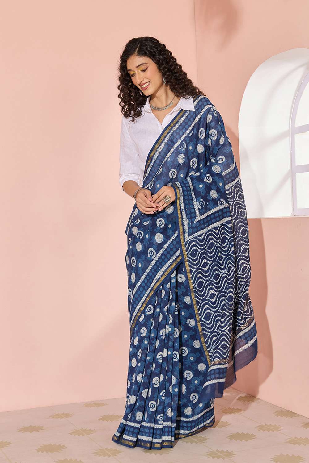 Blue Printed Mukaish Pure Silk Cotton Bagru Saree image number null