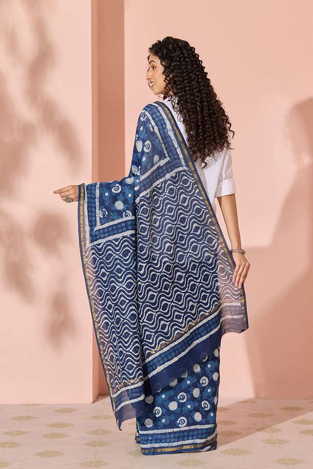 Blue Printed Mukaish Pure Silk Cotton Bagru Saree thumbnail image number null