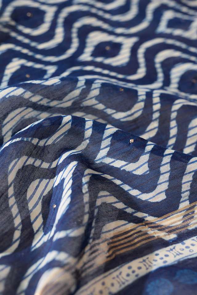 Blue Printed Mukaish Pure Silk Cotton Bagru Saree thumbnail image number null