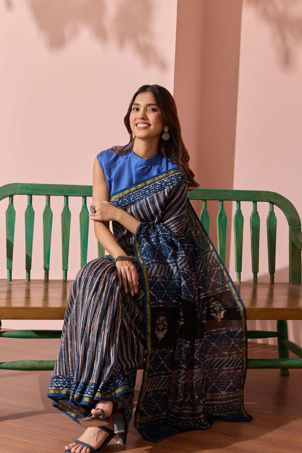 Dark Blue Bagru Printed Mukaish Pure Silk Cotton Saree