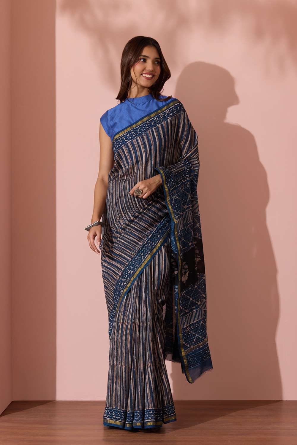 Dark Blue Bagru Printed Mukaish Pure Silk Cotton Saree image number null