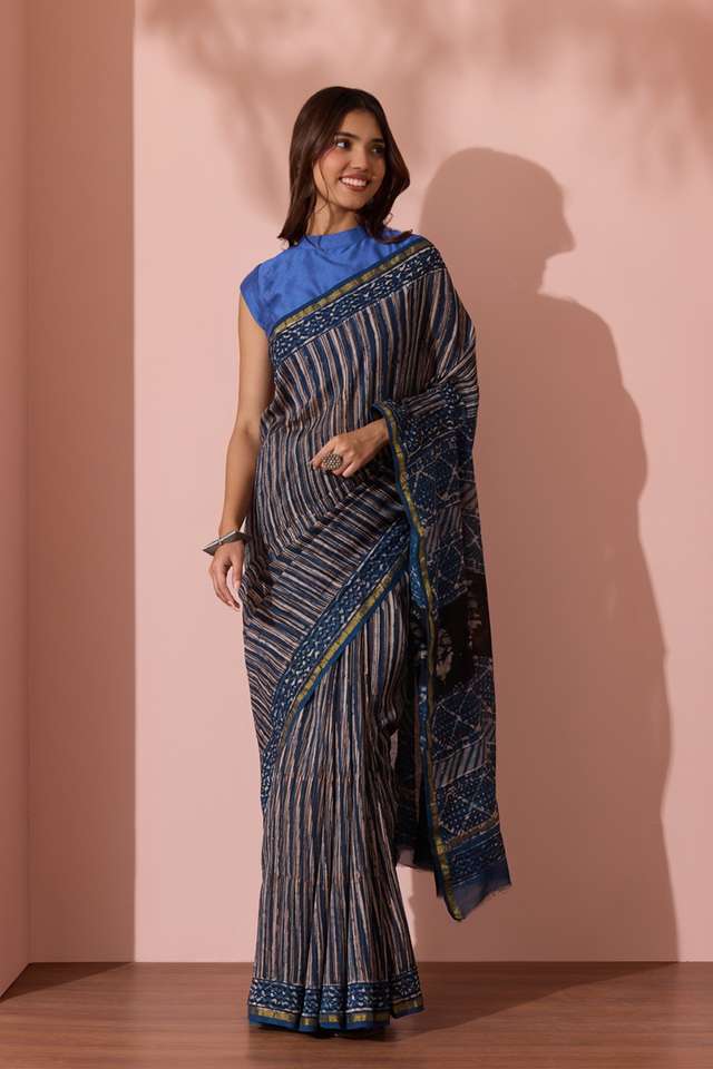 Dark Blue Bagru Printed Mukaish Pure Silk Cotton Saree thumbnail image number null