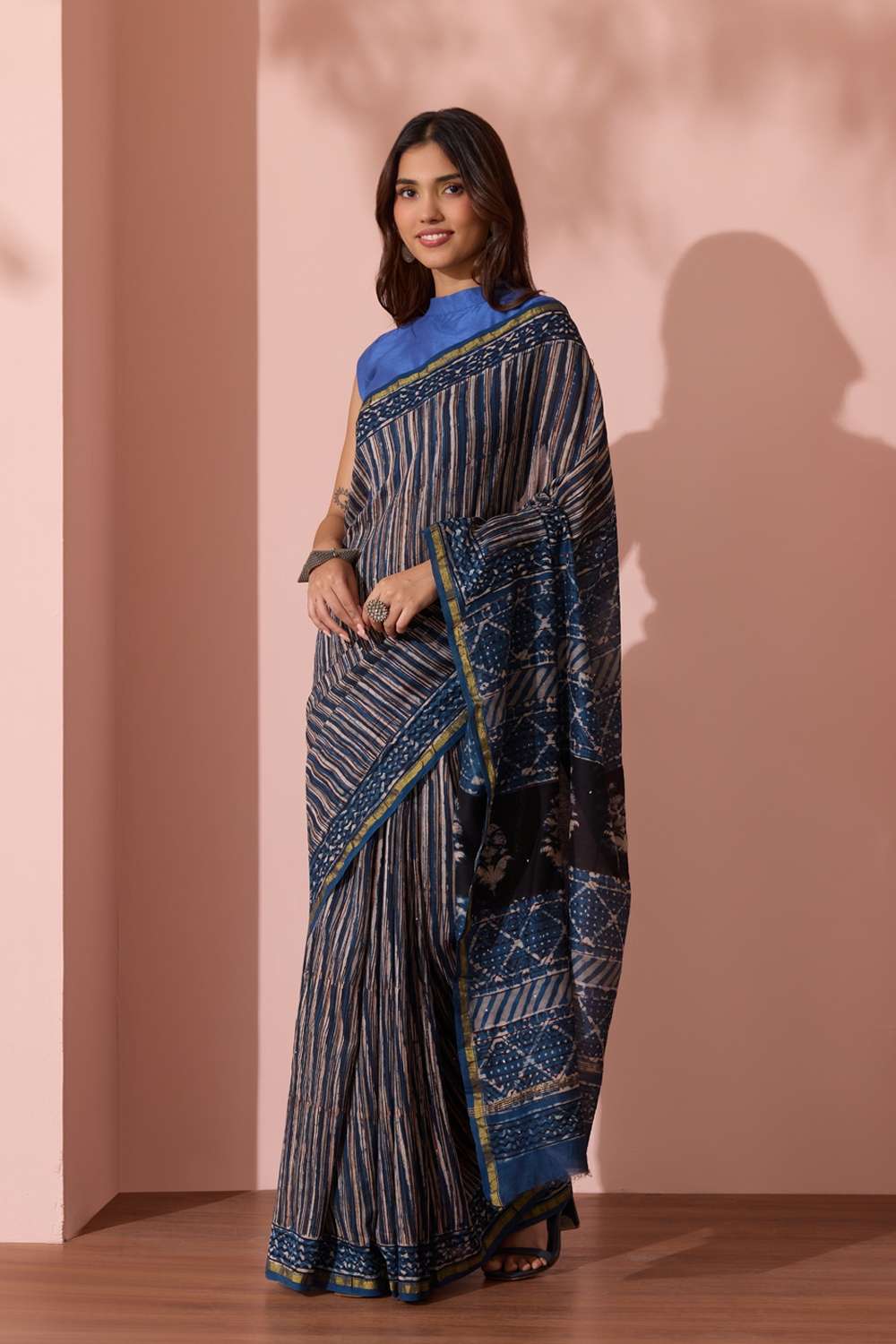 Dark Blue Bagru Printed Mukaish Pure Silk Cotton Saree image number null