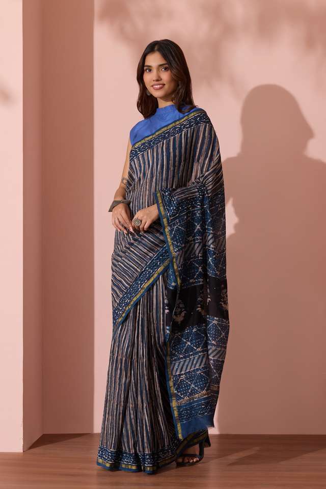 Dark Blue Bagru Printed Mukaish Pure Silk Cotton Saree thumbnail image number null