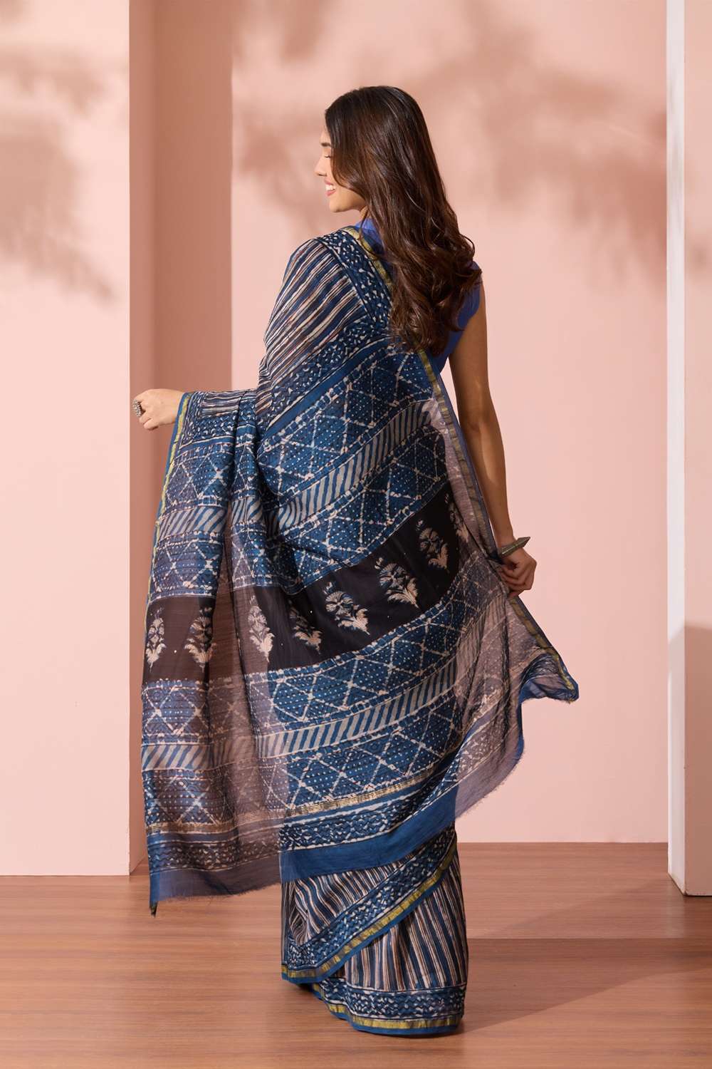 Dark Blue Bagru Printed Mukaish Pure Silk Cotton Saree image number null