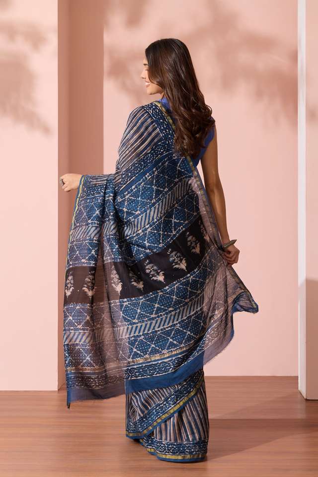 Dark Blue Bagru Printed Mukaish Pure Silk Cotton Saree thumbnail image number null