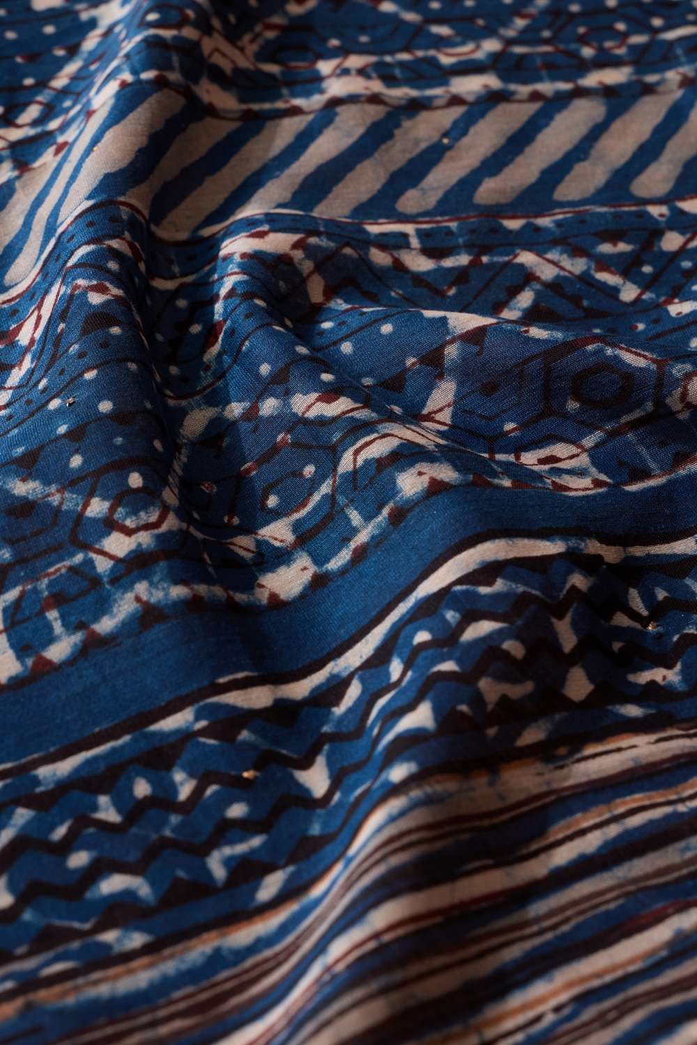 Dark Blue Bagru Printed Mukaish Pure Silk Cotton Saree image number null