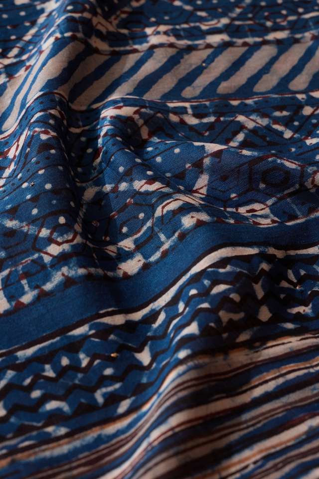 Dark Blue Bagru Printed Mukaish Pure Silk Cotton Saree thumbnail image number null