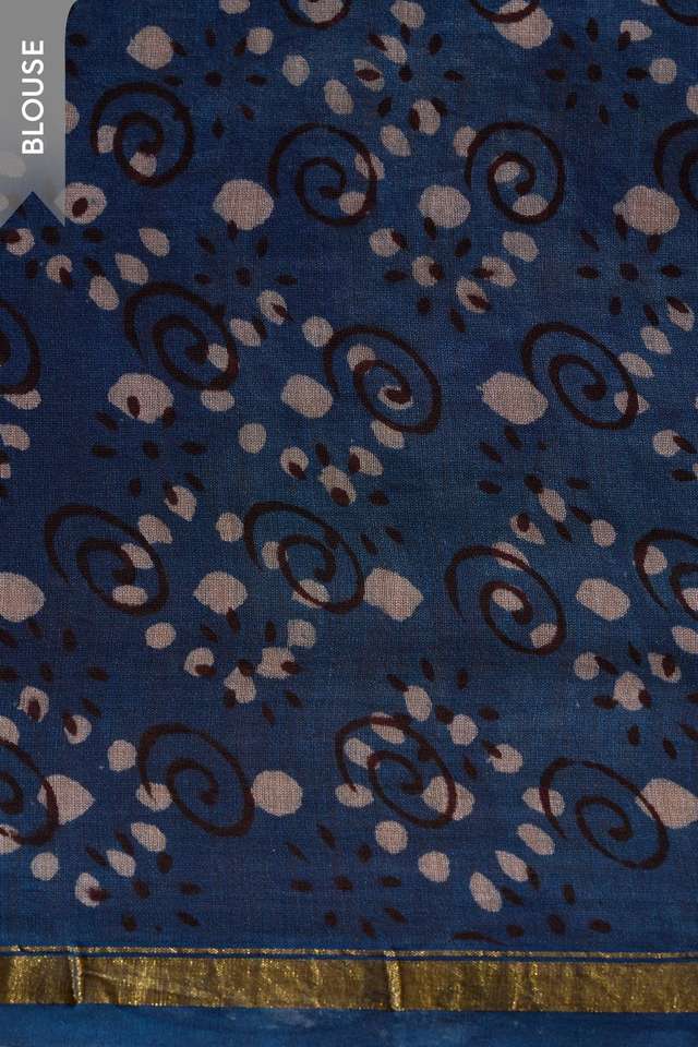 Dark Blue Bagru Printed Mukaish Pure Silk Cotton Saree thumbnail image number null