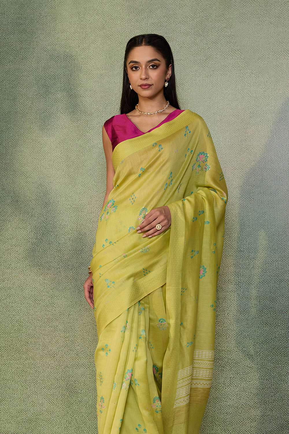 Light Green Digital Print Mukaish Pure Silk Cotton Saree image number null