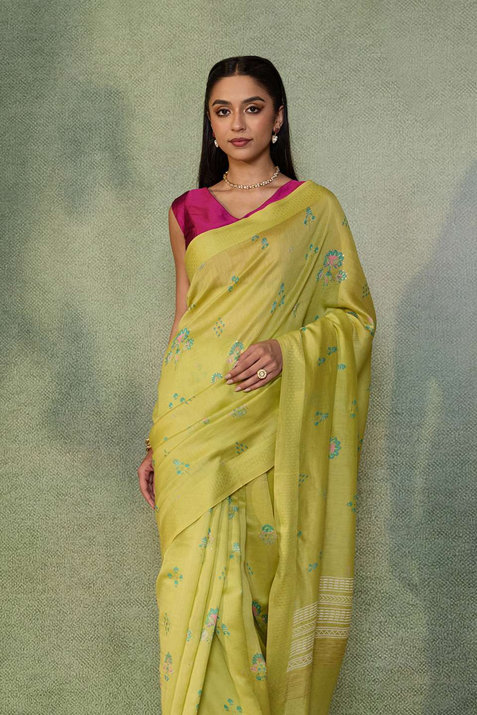 Light Green Digital Print Mukaish Pure Silk Cotton Saree
