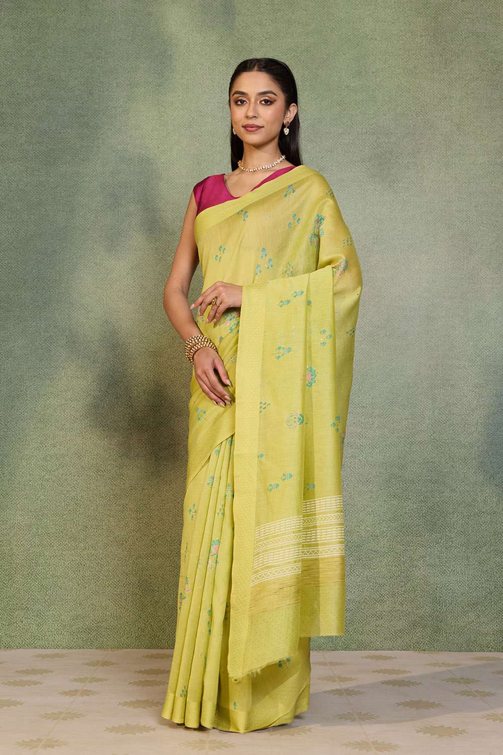 Light Green Digital Print Mukaish Pure Silk Cotton Saree image number null