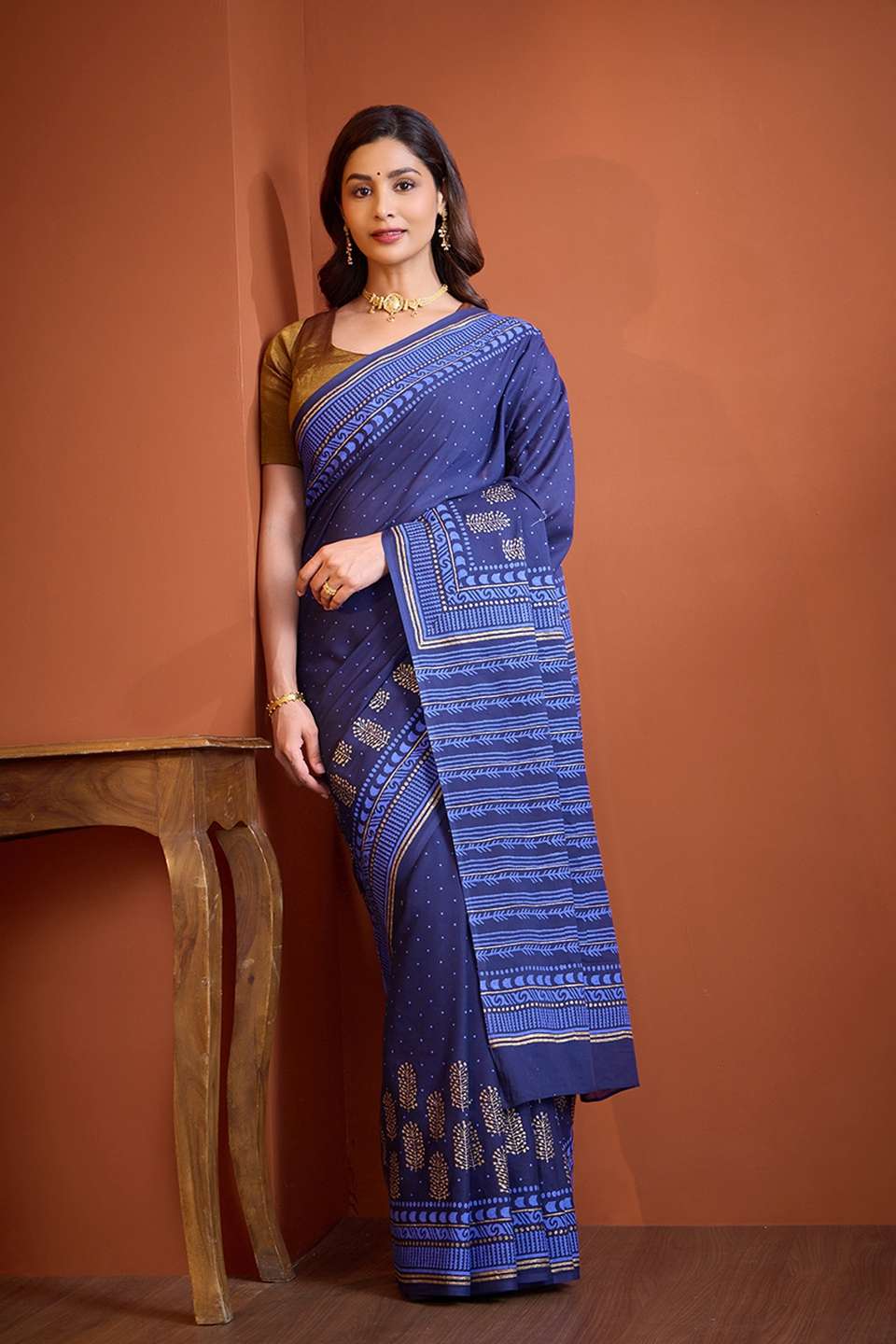 Dark Blue Pure Cotton Mulmul Bengal Block Printed Saree