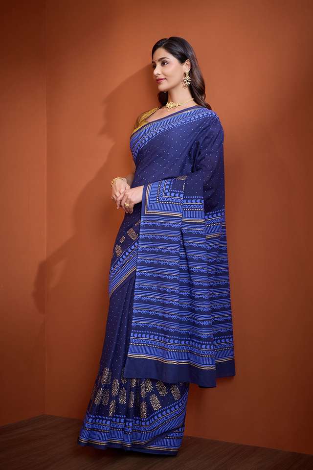 Dark Blue Pure Cotton Mulmul Bengal Block Printed Saree thumbnail image number null