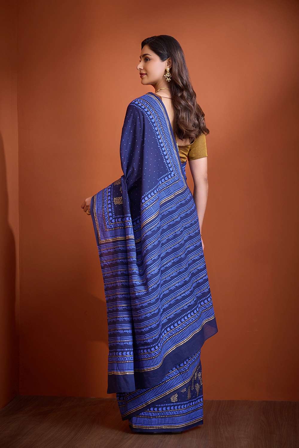 Dark Blue Pure Cotton Mulmul Bengal Block Printed Saree image number null